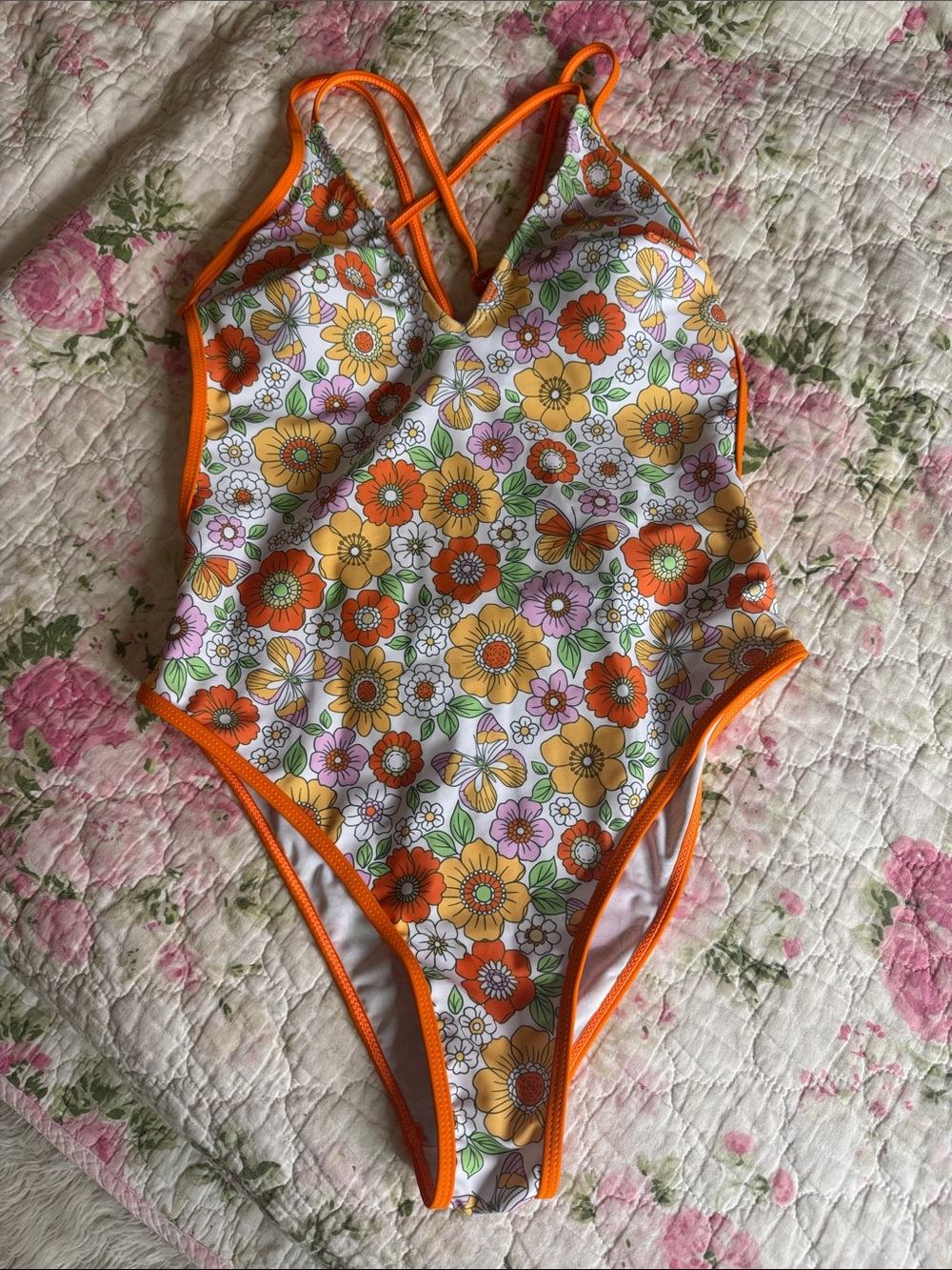 Womens Orange Floral One-Piece Swimsuit